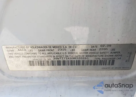 2009 Volkswagen Jetta 2.5L Se из США, поврежденный, VIN 3VWTZ71K09M320261